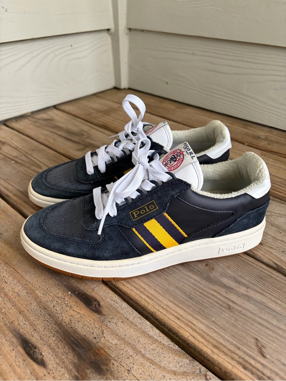 Polo Ralph Lauren Court Cupsole Sneakers Navy Yellow Leather Mens Size 7.5